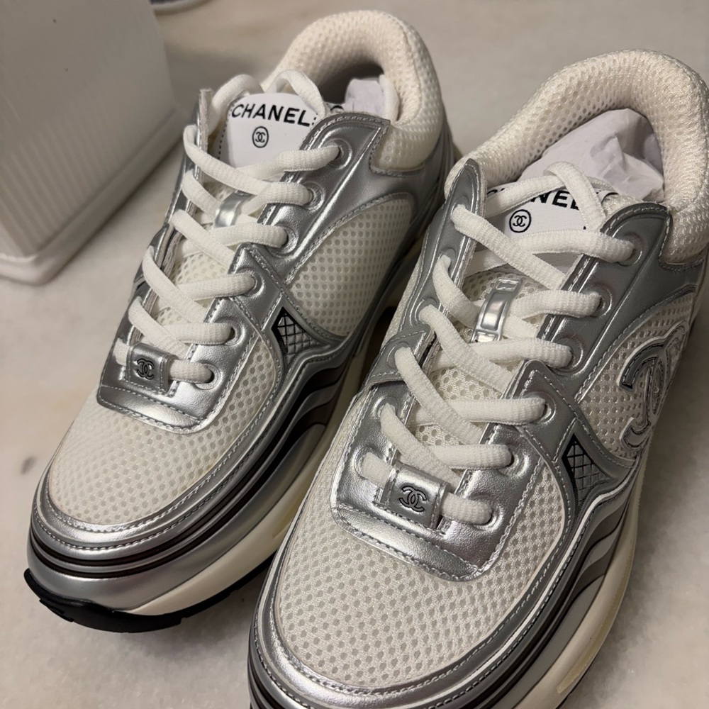 CHANEL White and Silver Mesh Low-Top Sneakers
